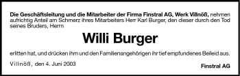 Traueranzeige von Willi Burger von Dolomiten