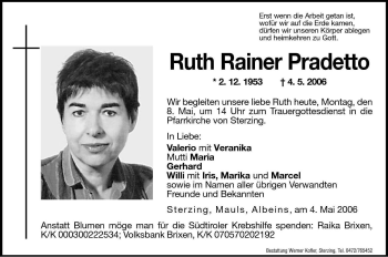 Traueranzeige von Ruth Rainer Pradetto von Dolomiten