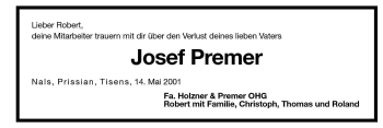 Traueranzeige von Josef Premer von Dolomiten