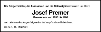 Traueranzeige von Josef Premer von Dolomiten
