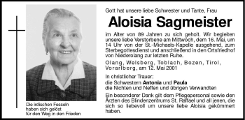 Traueranzeige von Aloisia Sagmeister von Dolomiten