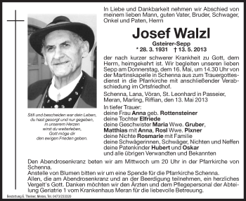 Traueranzeige von Josef Walzl von Dolomiten