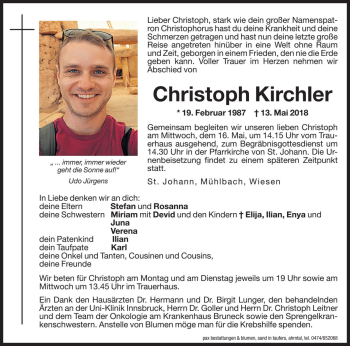 Traueranzeige von Christoph Kirchler von Dolomiten