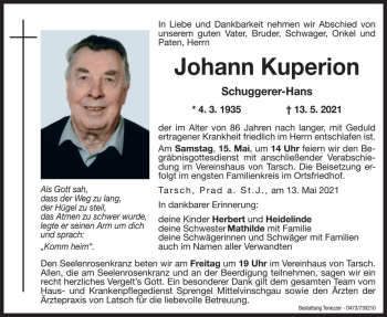 Traueranzeige von Johann Kuperion von Dolomiten