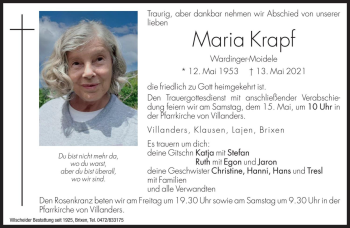 Traueranzeige von Maria Krapf von Dolomiten
