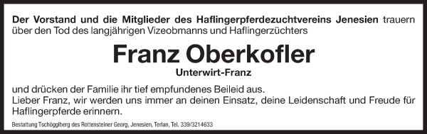 Traueranzeige von Franz Oberkofler von Dolomiten