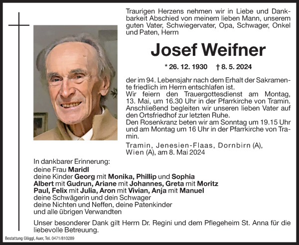 Traueranzeige von Josef Weifner von Dolomiten