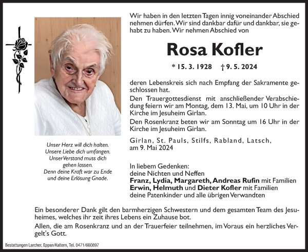 Traueranzeige von Rosa Kofler von Dolomiten